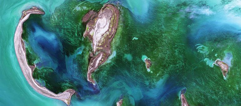 Aerial view of body of water with green vegetation