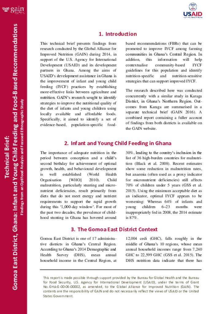Gomoa East District, Ghana: Infant and young child feeding and food-based recommendations