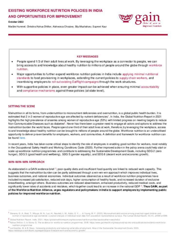 Existing workforce nutrition policies in India and opportunities for improvement
