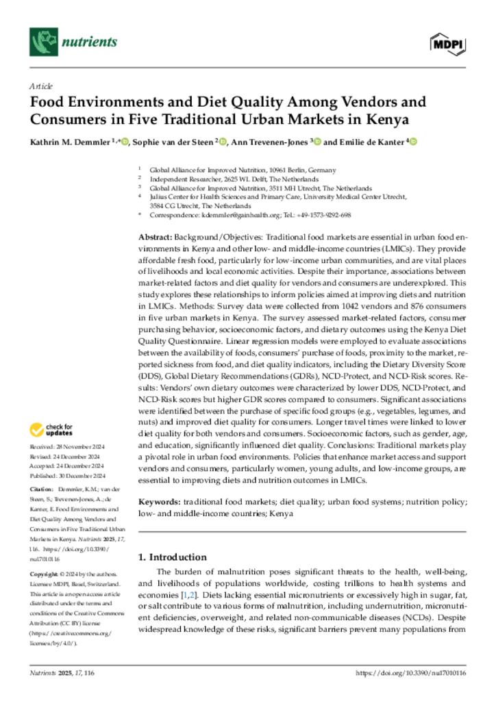 Food Environments and Diet Quality Among Vendors and Consumers in Five Traditional Urban…