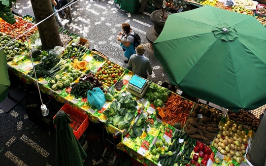 Market view from above with umbrella